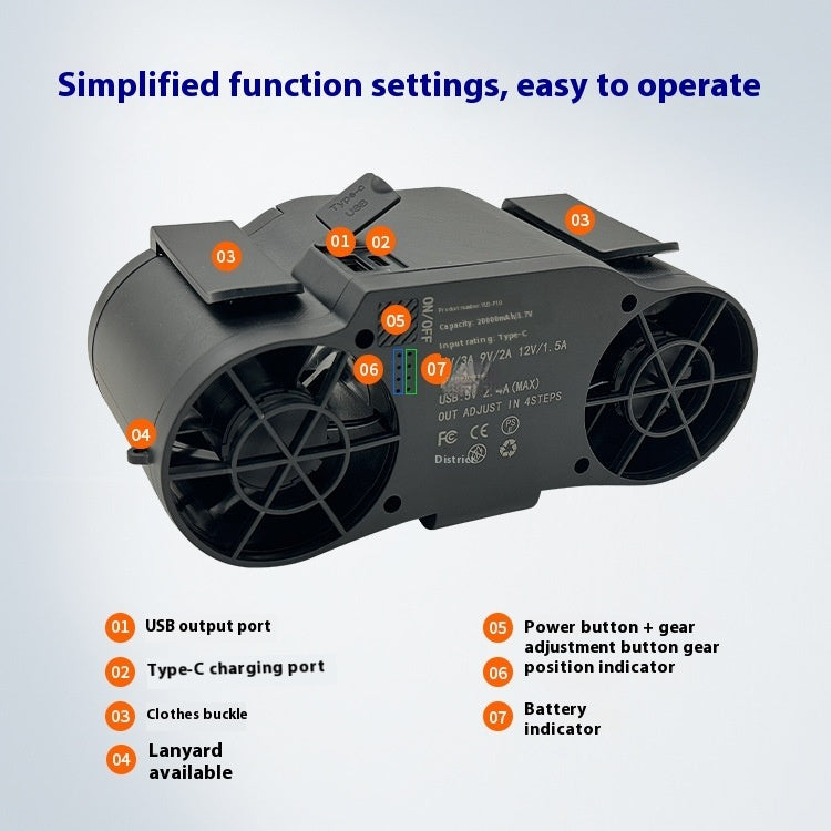 New 20000 MA Double-cylinder High-speed Rotating Four-gear Adjustable Long-lasting Outdoor Wrist Hanging Fan