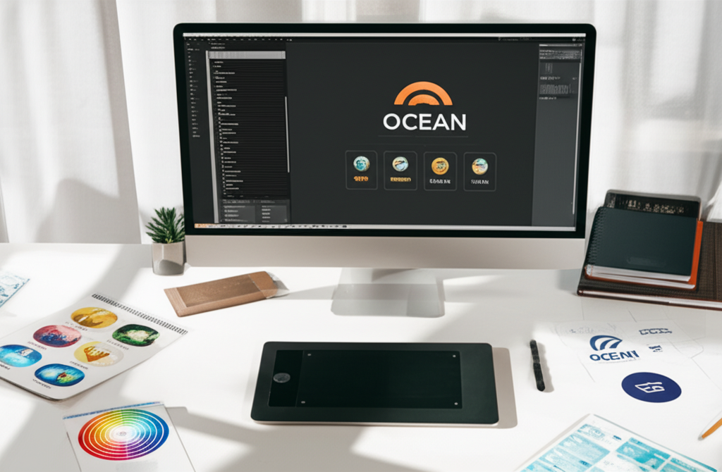 Creative workspace with logo designs
